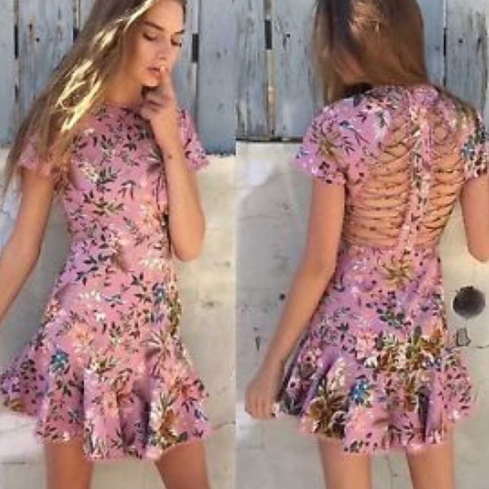Zimmermann Tropicale Lattice Dress in Pink Floral  Open Back Lace-up